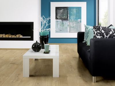 Salon avec cheminée et sol stratifié Sherwood apaisant parquet 100%Bois à Mérignac