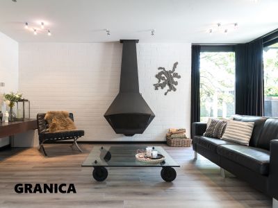 Parquet vinyle Lugano Granica salon avec cheminé 100%Bois Gironde